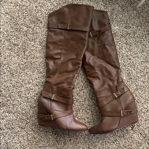 Brown over the knee wedge boot